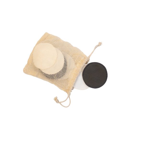 a net cotton bag containing 12 reusable Bamboo facial cleansing Pads